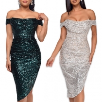 Fashion Bling-bling Sequined Draped Off-the-shoulder Ruched Irregular Hemline Bodycon Party Dress