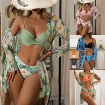 Fashion Three-piece Lingerie Set Consist of Floral Printed Swim Cover-up Cardigan and Push-up Bikini Top and Low-rise Bikini Bottom