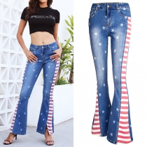 Fashion Aemrica Flag Stripe Printed Star Printed Wide-leg Denim Jeans