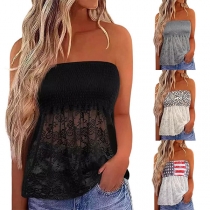 Sexy Lace Spliced Floral Printed Smocked Strapless Shirt