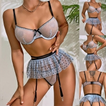 Fashion Semi-through Lace Spliced Bowknot Polka-dot Printed Ruffled Three-piece Lingerie Set