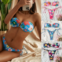 Fashion Floral Printed Bikini Set Consist of Bandeau Bikini Top and Self-tie Bikini Bottom