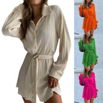 Casual Solid Color Long Sleeve Polo Neck Buttoned Blouse Dress with Belt
