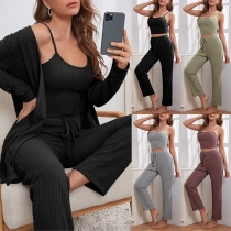 Casual Solid Color Three-piece Loungewear Consist of Nightgown, Cami Crop Top and Drawstring Pants
