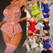 Sexy Lace Spliced Mesh Netted Ruffled Lingerie Bodysuit