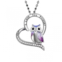 Fashion Rhinestone Heart Owl Lettering I LOVE YOU FOREVER  Necklace
