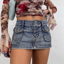 Fashion Flap Pocket Rhinesotne Low Waist Dnim Skirt