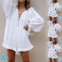 Casual Floral Printed V-neck Floral Printed Puff Long Sleeve Beach Romper