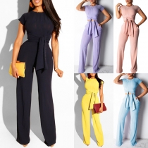 Fashion Solid Color Two-piece Set Consist of Self-tie Crop Top and Wide-leg Pants