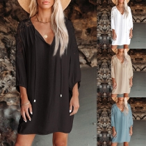 Fashion Solid Color V-neck Lace Spliced Long Sleeve Dress