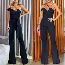 Sexy Solid Color One-shoulder V-neck Wide-leg Self-tie Slim-fit Jumpsuit