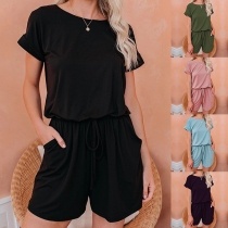 Fashion Solid Color Round Neck Short Sleeve Drawstring Romper