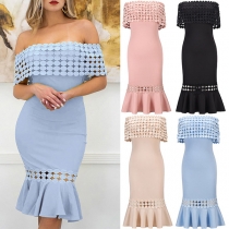 Sexy Solid Color Lace Spliced Off-the-shoulder Fishtail Hemline Party Dress