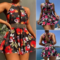 Sexy Floral Printed Backless One-piece Swimsuit