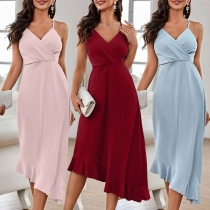 Fashion Solid Color V-neck High-waist Ruffled Hemline Slip Dress