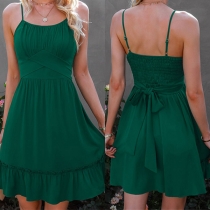 Fashion Solid Color Ruched Self-tie Smocked Tiered Slip Dress