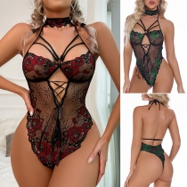 Sexy Floral Embroidery Cutout Cross-criss Cut Out Backless Halter Lingerie Bodysuit