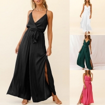 Sexy Solid Color V-neck Self-tie Slit Wrap Cami Jumpsuit