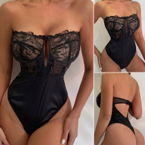 Sexy Strapless Lace Spliced Lingerie Bodysuit