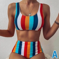 Fashion Contrast Color Vertical Strap Printed Bikini Set