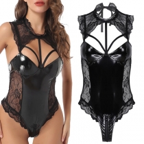 Sexy Cutout Mock Neck Lace Spliced Artificial Leather PU Lingerie Bodysuit