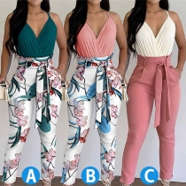 Fashion Two-piece Set Consist of Solid Color Ruched Cami Top and Floral Printed Pants