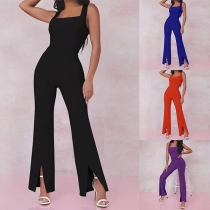 Fashion Solid Color Square Neck Slit Jumpsuit