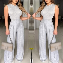 Fashion Solid Color Round Neck Sleeveless High-waist Wide-leg Jumpsuit