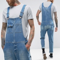 Fashion Old-washed Front Flap Pocket Denim Jumpsuit for Men