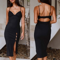 Sexy V-neck Backless Side Slit Bodycon Slip Dress