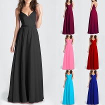 Elegant Solid Color V-neck Backless Maxi Party Dress