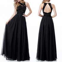 Sexy Lace Spliced Halterneck Backless Pleated Maxi Dress