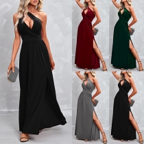 Sexy Solid Color Cut Out V-neck One-shoulder Sleeveless Slit Maxi Dress