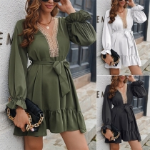 Sexy Lace Spliced V-neck Ruffled Long Sleeve  Self-tie Tiered Mini Dress