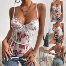 Sexy Floral Printed Lace Spliced Cami Lingerie Bodysuit