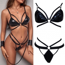 Sexy Netted Spliced Black Lace-up Two-piece Lingerie Set