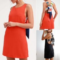 Casual Backless Contrast Color Criss-cross Self-tie Bow Knot Dress