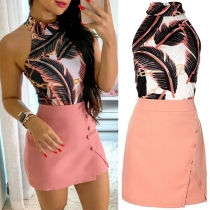Fashion Two-piece Set Consist of Floral Printed Halter Shirt and Bodycon Skirt