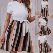 Casual Round Neck Vertical Stripe Printed Self-tie Fit & Flared Dress