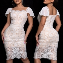 Fashion Lace Squared Neck Cap Sleeve Bodycon Dress