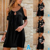 Fashion Beaded Open-shoulder Short Sleeve Printed Mini Dress