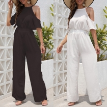 Fashion Solid Color Open-shoulder Short Sleeve Wide-leg Jumpsuit
