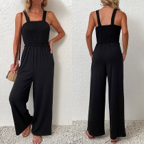 Casual Solid Color Smocked High-waist Wide-leg Cami Jumpsuit