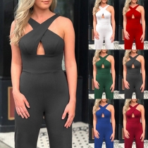 Sexy Solid Color Cross-criss Backless Wide-leg Jumpsuit