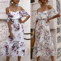 Sexy Floral Printed Ruffled Open-shoulder Slip Tiered Dress
