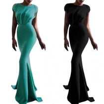 Sexy Solid Color Round Neck Lace Spliced Cap Sleeve Ruched Self-tie Bowknot Backless Fishtail Bodycon Party Dress