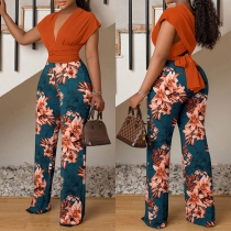 Sexy Contrast Color Floral Printed V-neck Cross-criss Wide-leg Jumpsuit