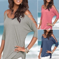 Casual Solid Color Round Neck Cut Out Elbow Sleeve Shirt