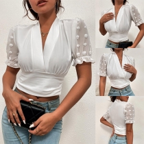 Fashion V-neck Puff Short Sleeve with 3D Floral  Shirt