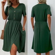 Fashion Solid Color V-neck Short Sleeve Buttoned Pleated Slit Irregular Hemline Dress